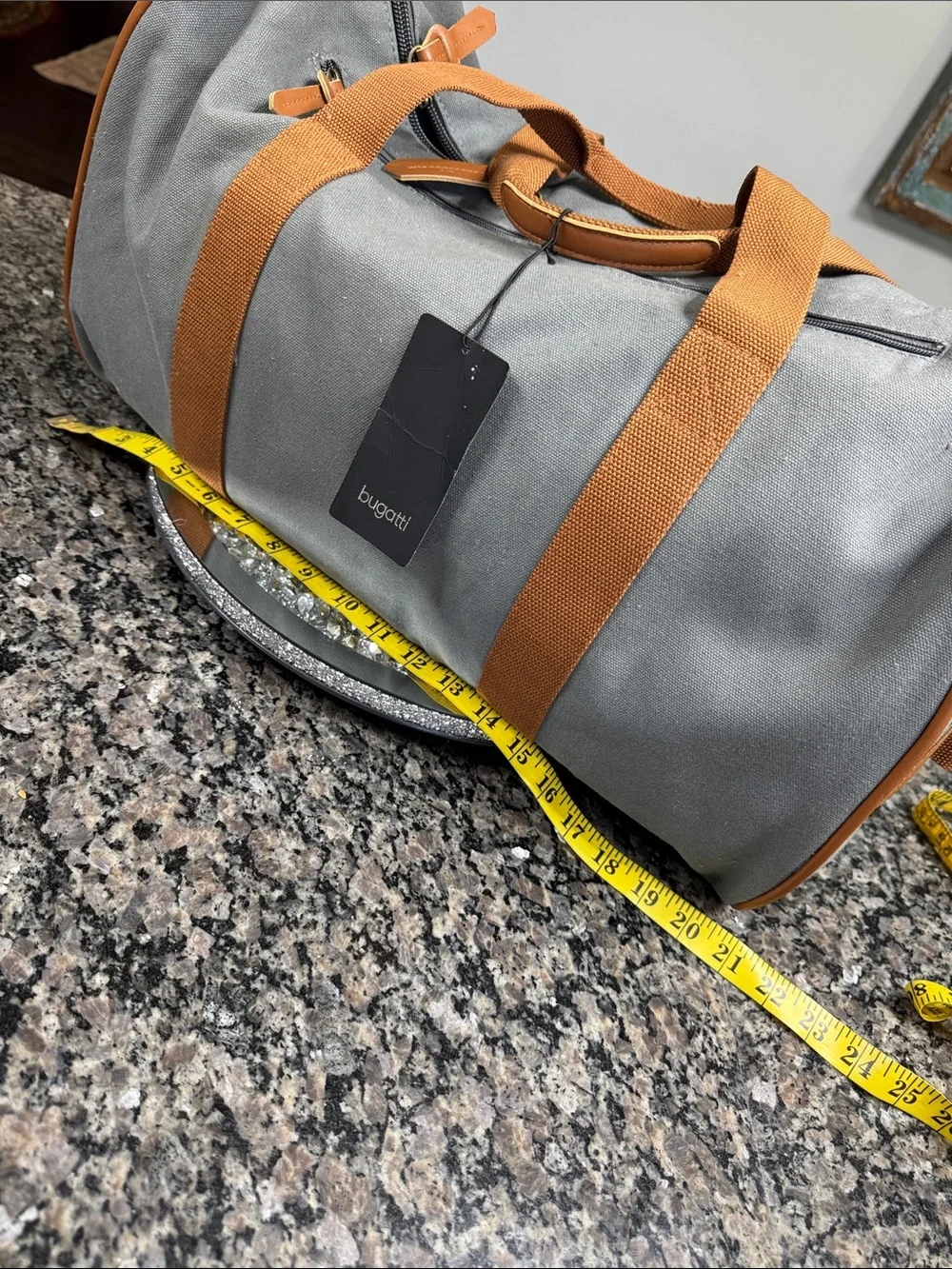 Bugatti Gray heavy canvas Duffel Bag with Tan Straps and shoulder strap NEW
